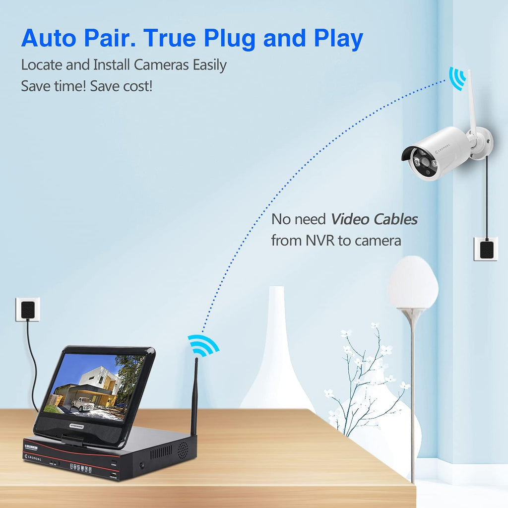 10.1 Monitor Wireless Security Camera System, 4pcs 3MP Indoor Outdoor Night Vision Camera, 1TB HDD O130