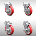 5 inch Red Polyurethane Swivel Bolt Hole Caster Set with Brake D877