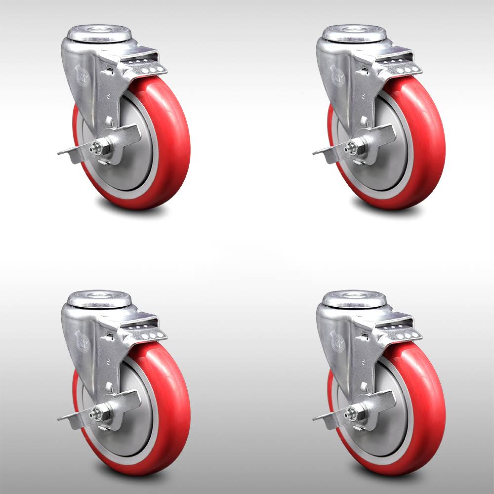 5 inch Red Polyurethane Swivel Bolt Hole Caster Set with Brake D877
