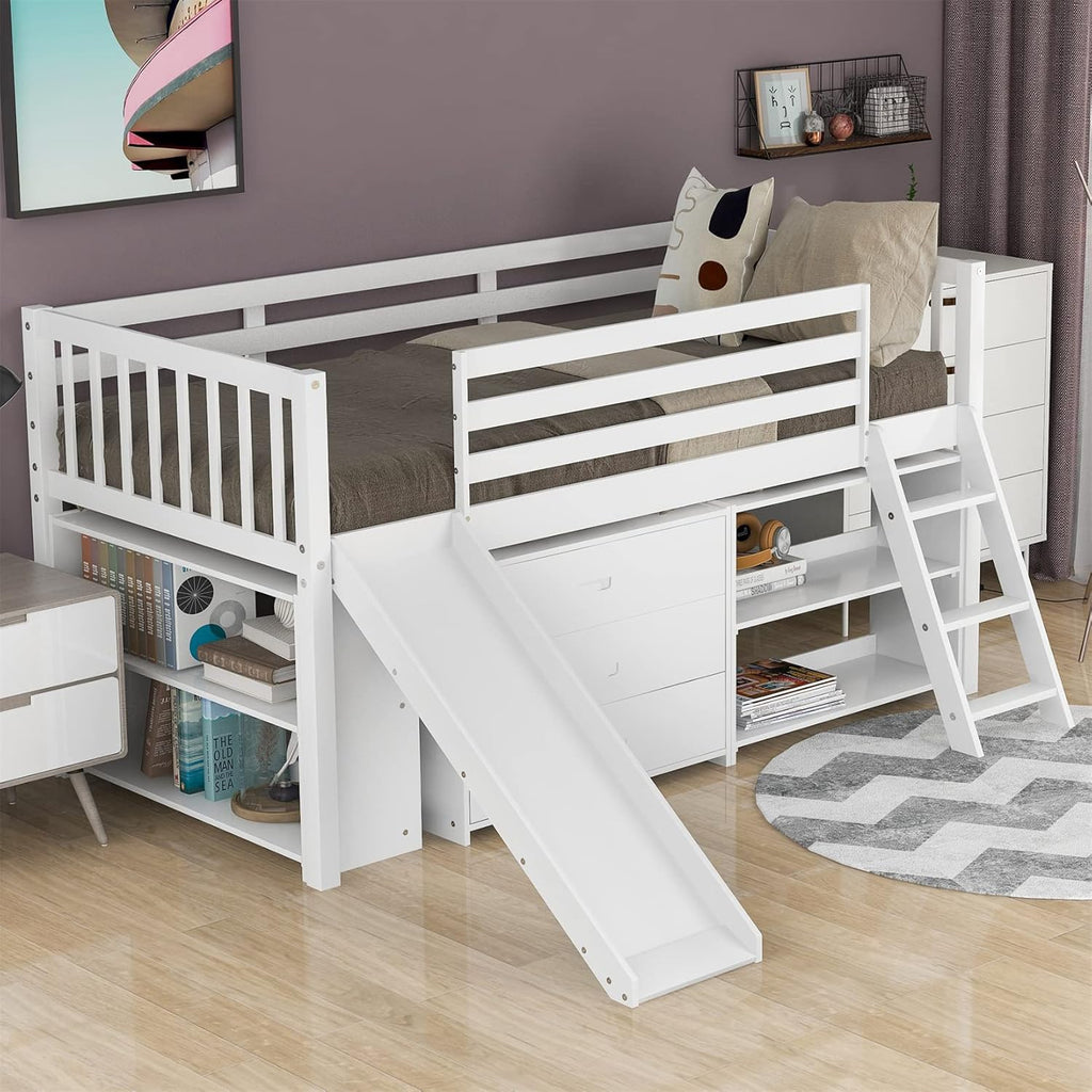 Gray Wooden Twin Loft Bed with Slide and Storage Cabinet Drawers and Book Shelves U891486
