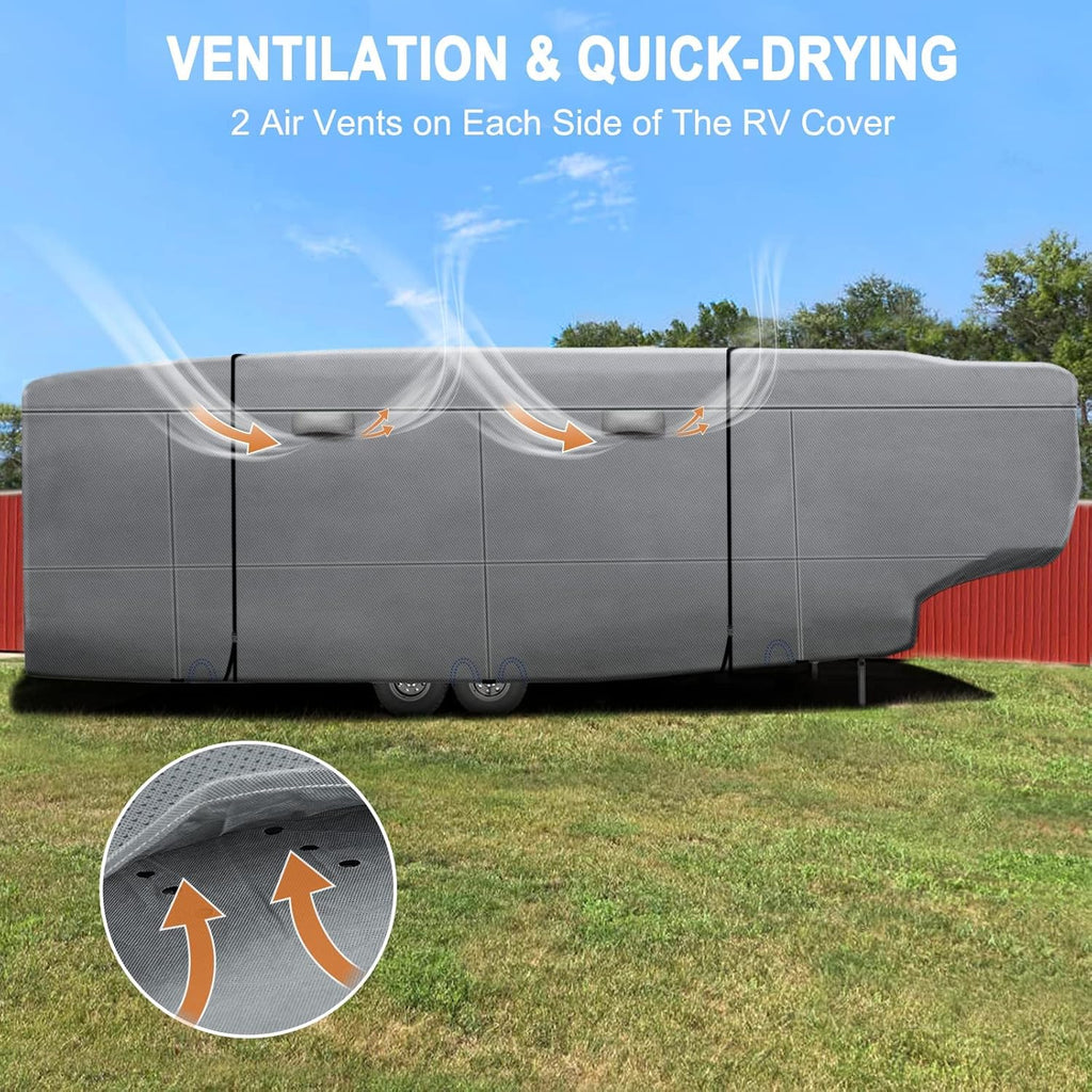 6 Layers Top 5th Wheel RV Cover Anti-UV Camper Cover Breathable Rip-Stop with 2Pcs Extra Straps & Gutter Spout Covers Z809322