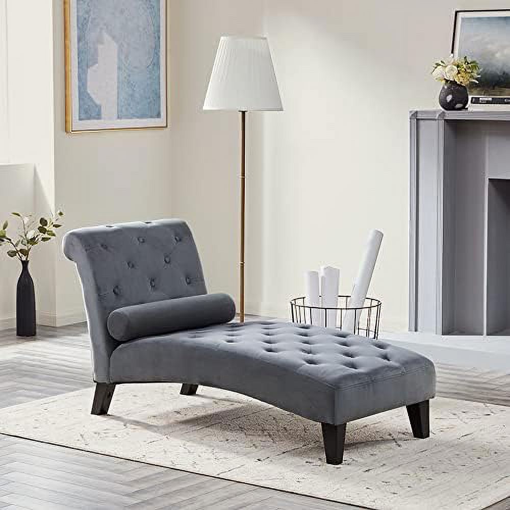 Beige Upholstered Chaise Lounge Sofa with Button Tufted Back and Hardwood Legs N116