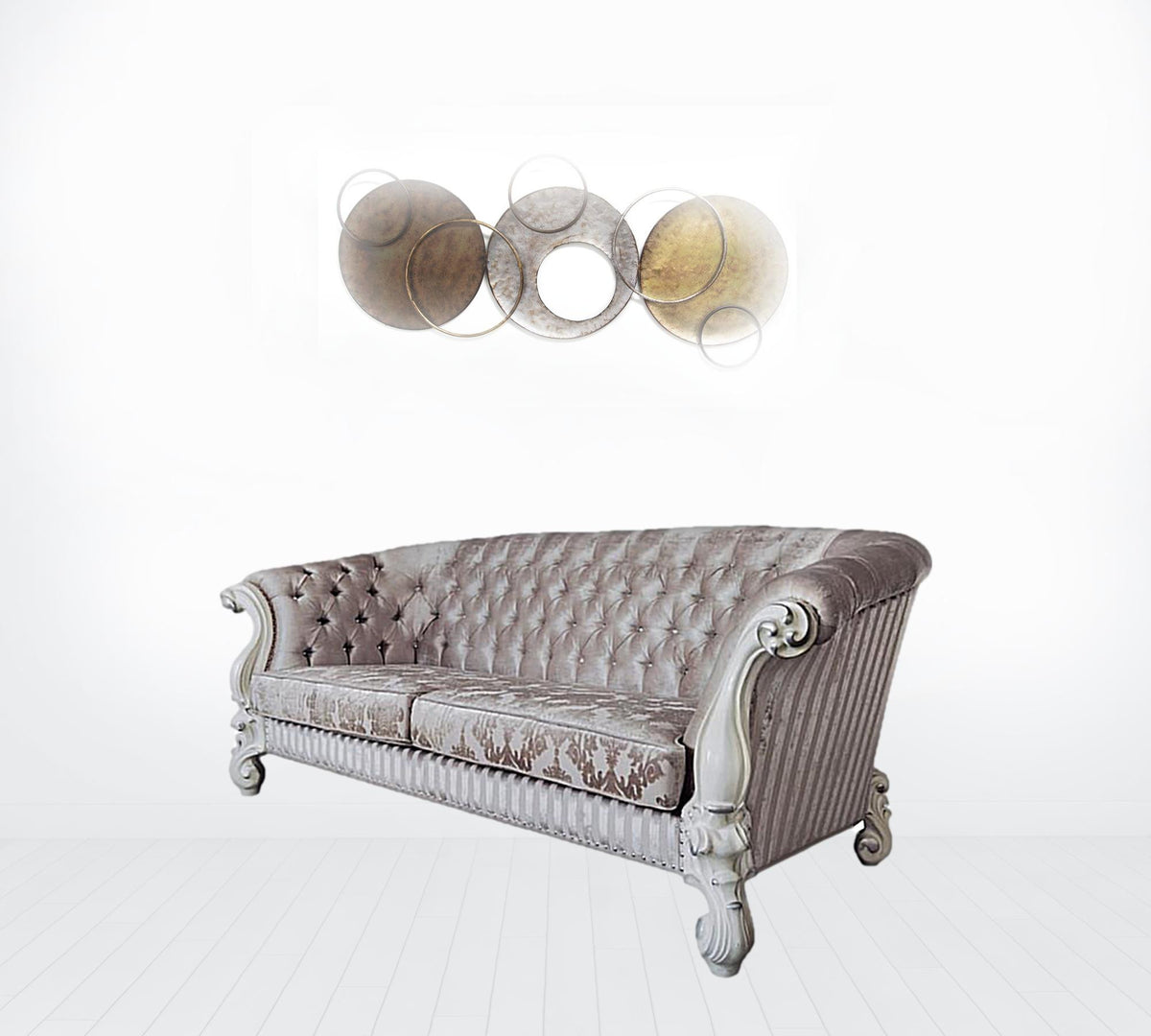 Ivory Velvet Sofa with Seven Toss Pillows P70400