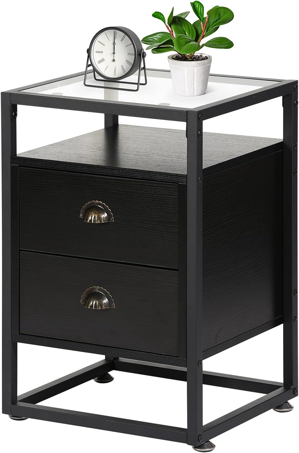 Brown+Black Tempered Glass Nightstand with Drawer and Shelf I37154
