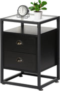 Brown+Black Tempered Glass Nightstand with Drawer and Shelf I37154