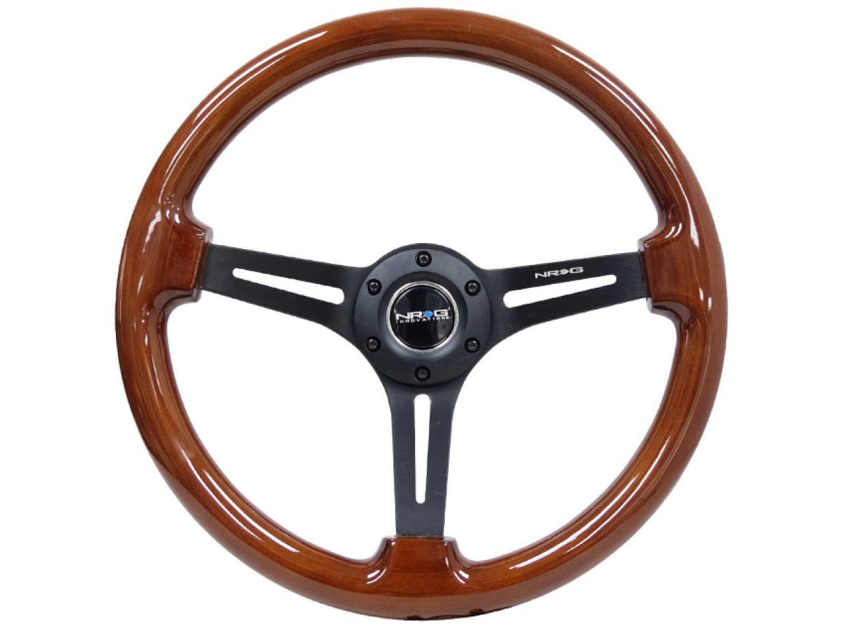 3-Spoke 350mm Brown Wood Grain Steering Wheel with Black Matte Spokes G6689