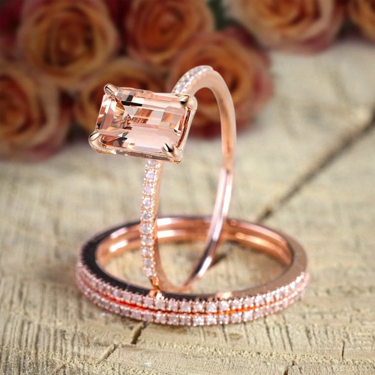 2.50 Carat Emerald Cut Morganite And Diamond Moissanite 3 Rings Set With 18K Rose Gold Plating I836