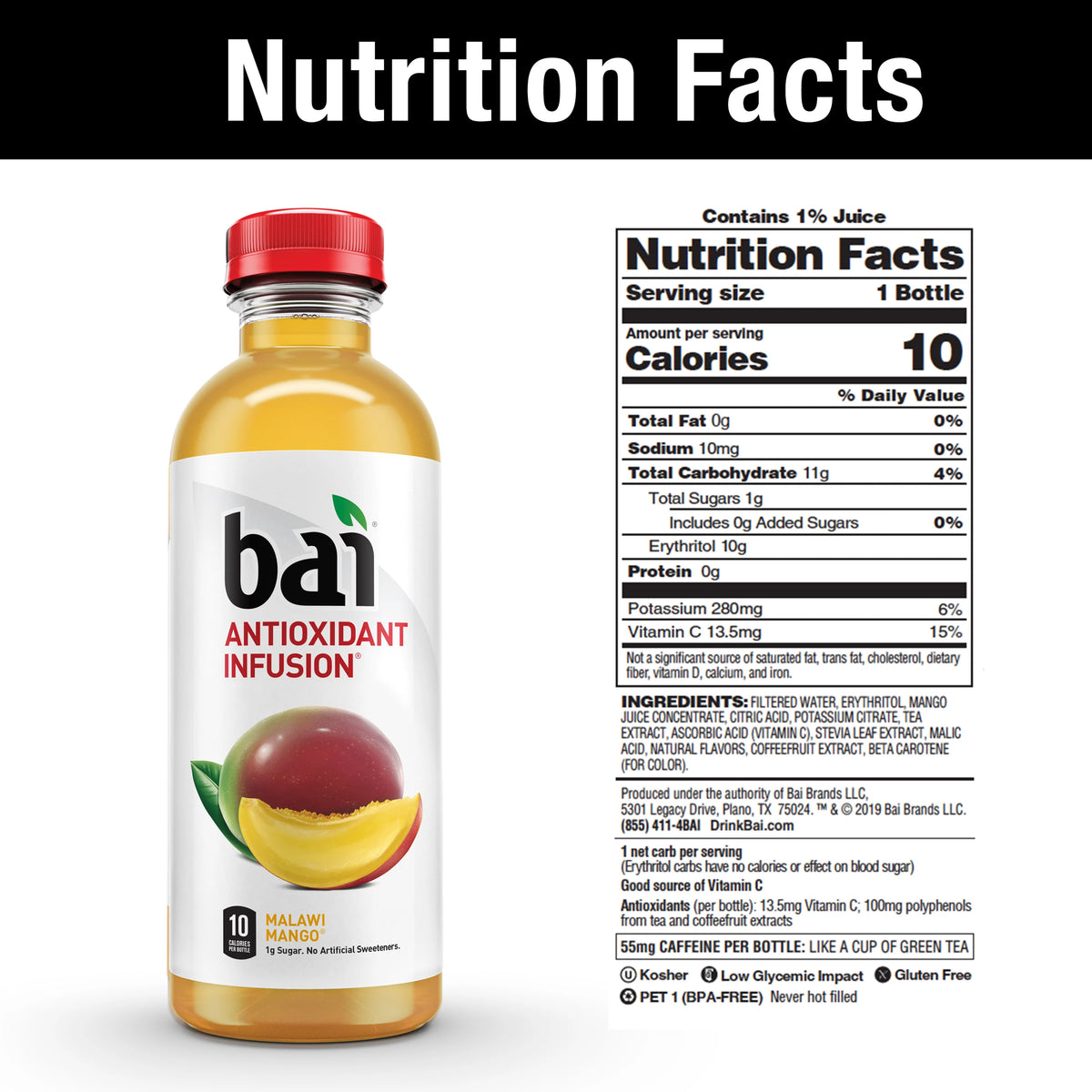 Gluten-Free Malawi Mango Antioxidant Infused Drink, 18 Fl Oz, 12 Pack Bottles P1597