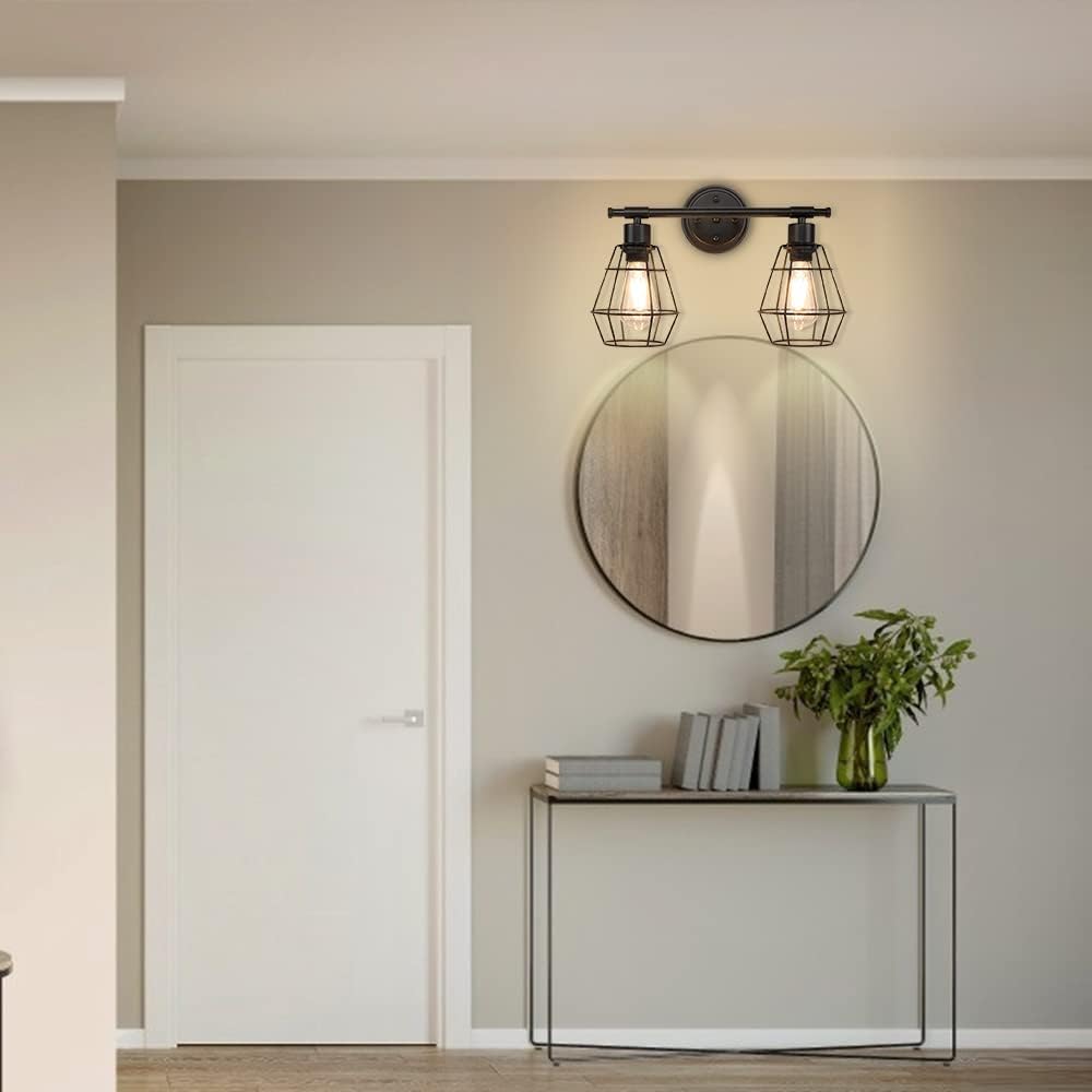 2-Light Industrial Wall Vanity Light Fixture, Black, E26 R1142