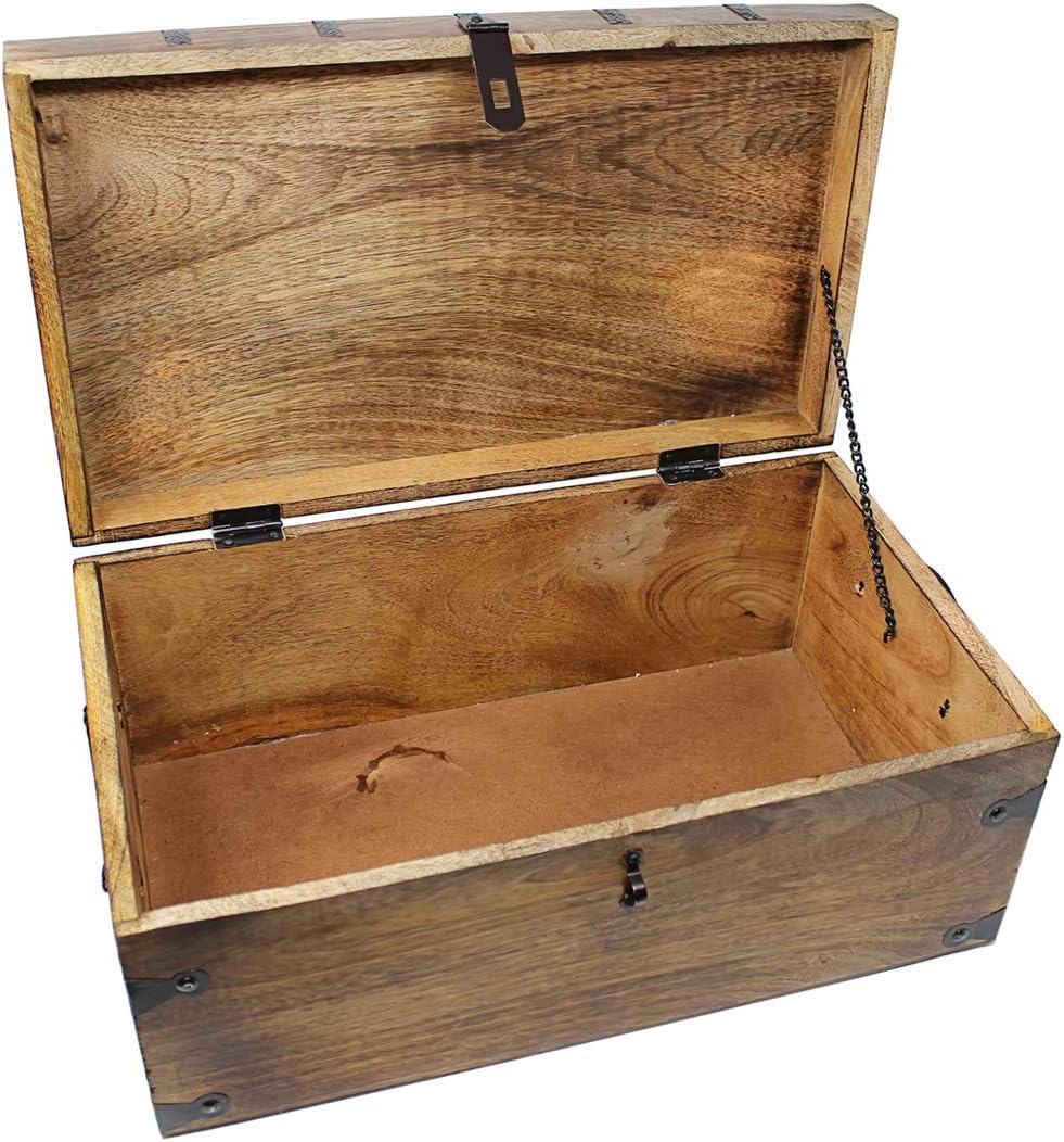 Wooden Treasure Chest with Antique Iron Lock and Skeleton Key, X-Large 17 x 10 x 7.5 M696