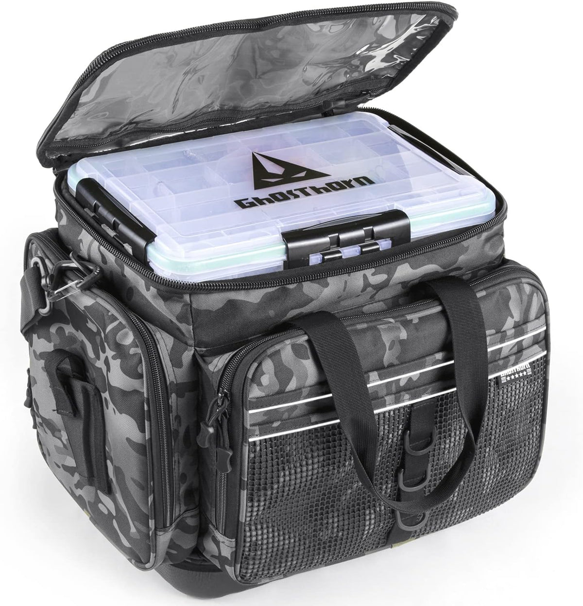 Large Multicam Black Fishing Tackle Bag with 5 Trays and Rod Holder C305