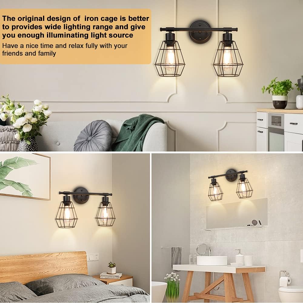2-Light Industrial Wall Vanity Light Fixture, Black, E26 R1142