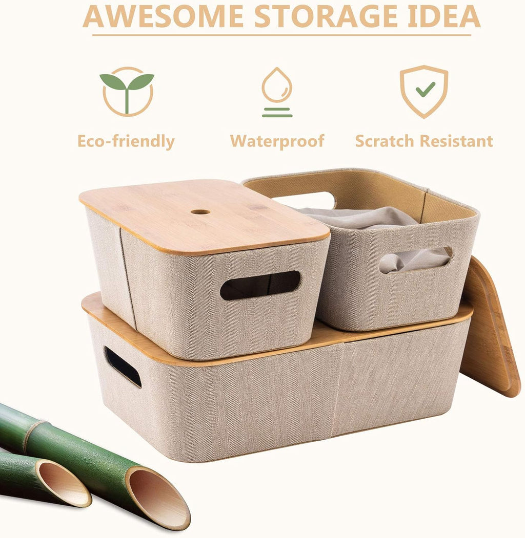 Khaki 3 Pack Storage Baskets with Bamboo Lids Q574