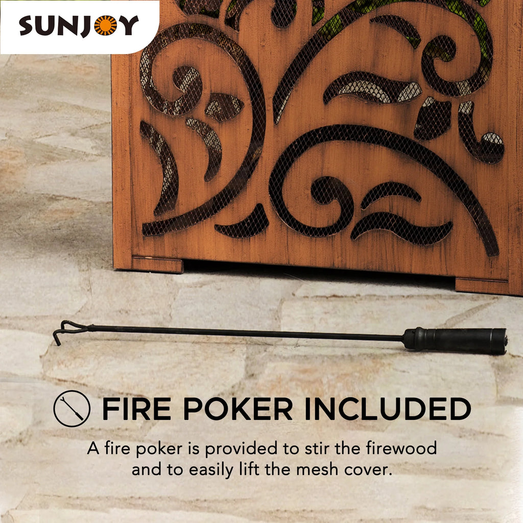 26 Inch Wood Burning Fire Pit with Steel Mesh Spark Screen and Fire Poker V899