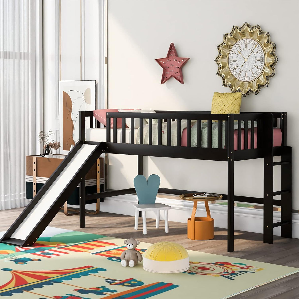 Gray Wooden Twin Loft Bed with Slide and Storage Cabinet Drawers and Book Shelves U891486