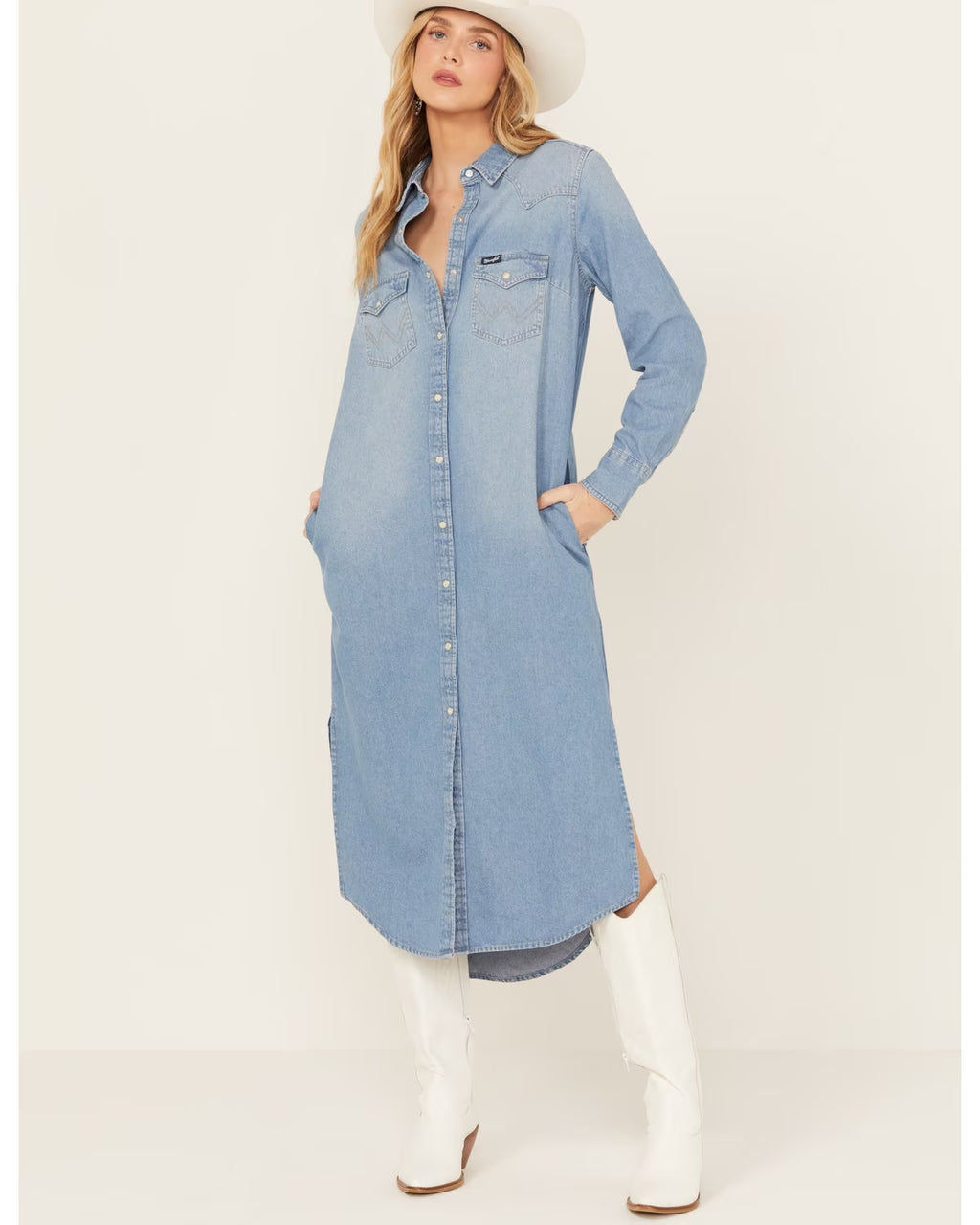 Medium Wash Long Sleeve Denim Dress Z2717