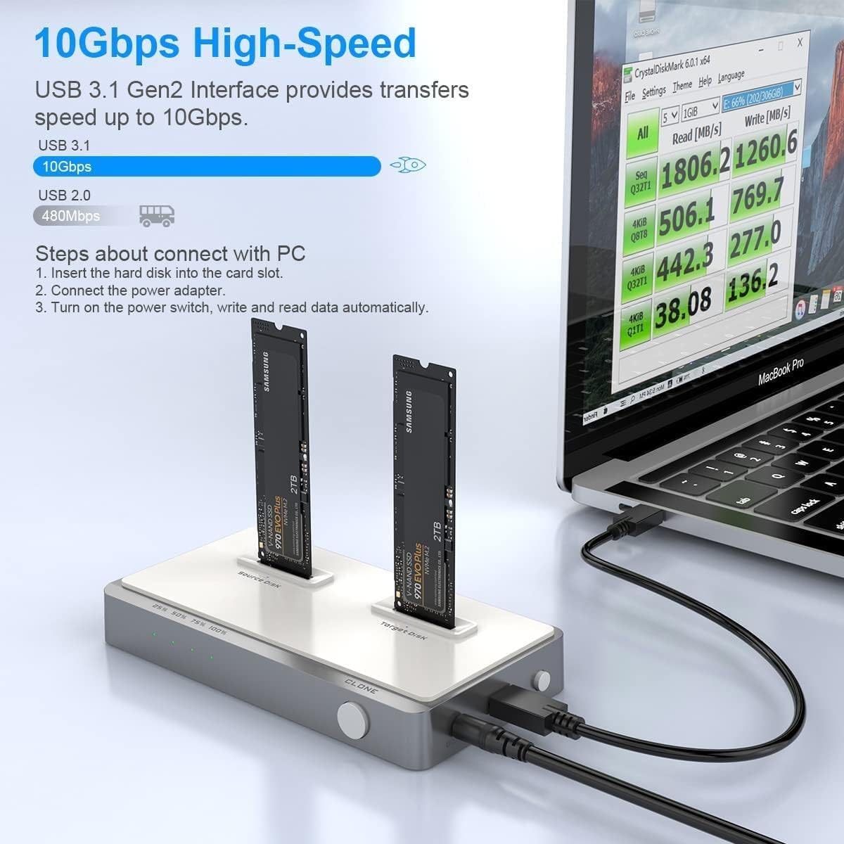 USB C Dual-Bay NVME Docking Station Tool-Free M.2 Duplicator External Hard Drive Enclosure Q684153