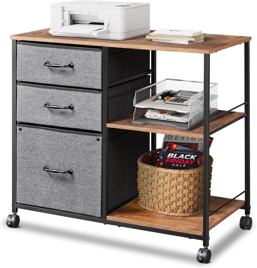 Black 3 Drawer Mobile File Cabinet with Open Storage Shelf N694