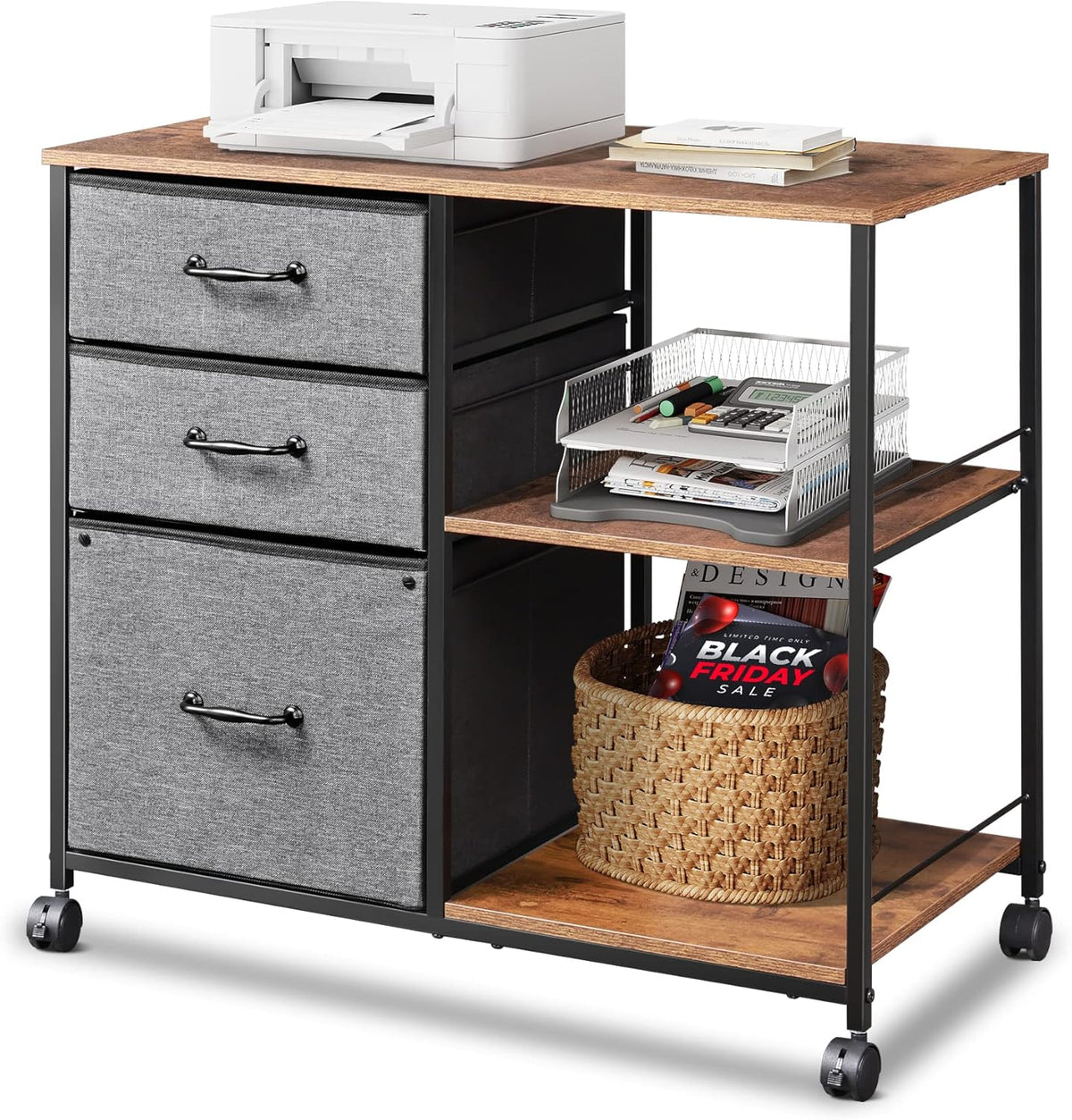 Black 3 Drawer Mobile File Cabinet with Open Storage Shelf N694