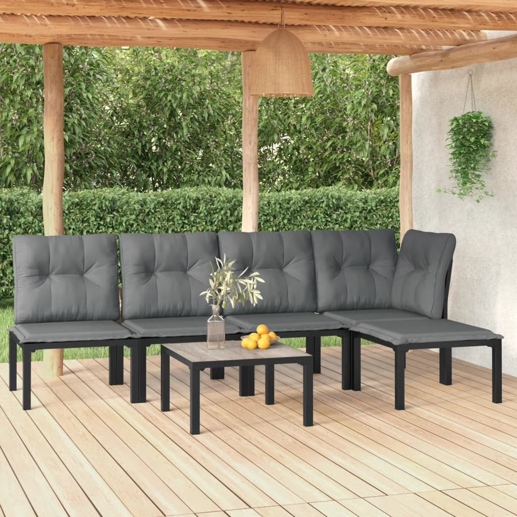 6 Piece Outdoor Patio Furniture Set, Sectional Sofa Set with Dark Gray Cushions, Black Poly Rattan I7281