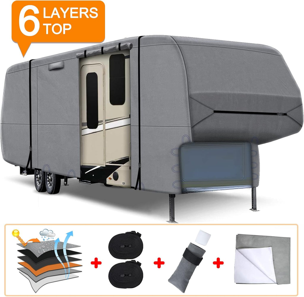 6 Layers Top 5th Wheel RV Cover Anti-UV Camper Cover Breathable Rip-Stop with 2Pcs Extra Straps & Gutter Spout Covers Z809322